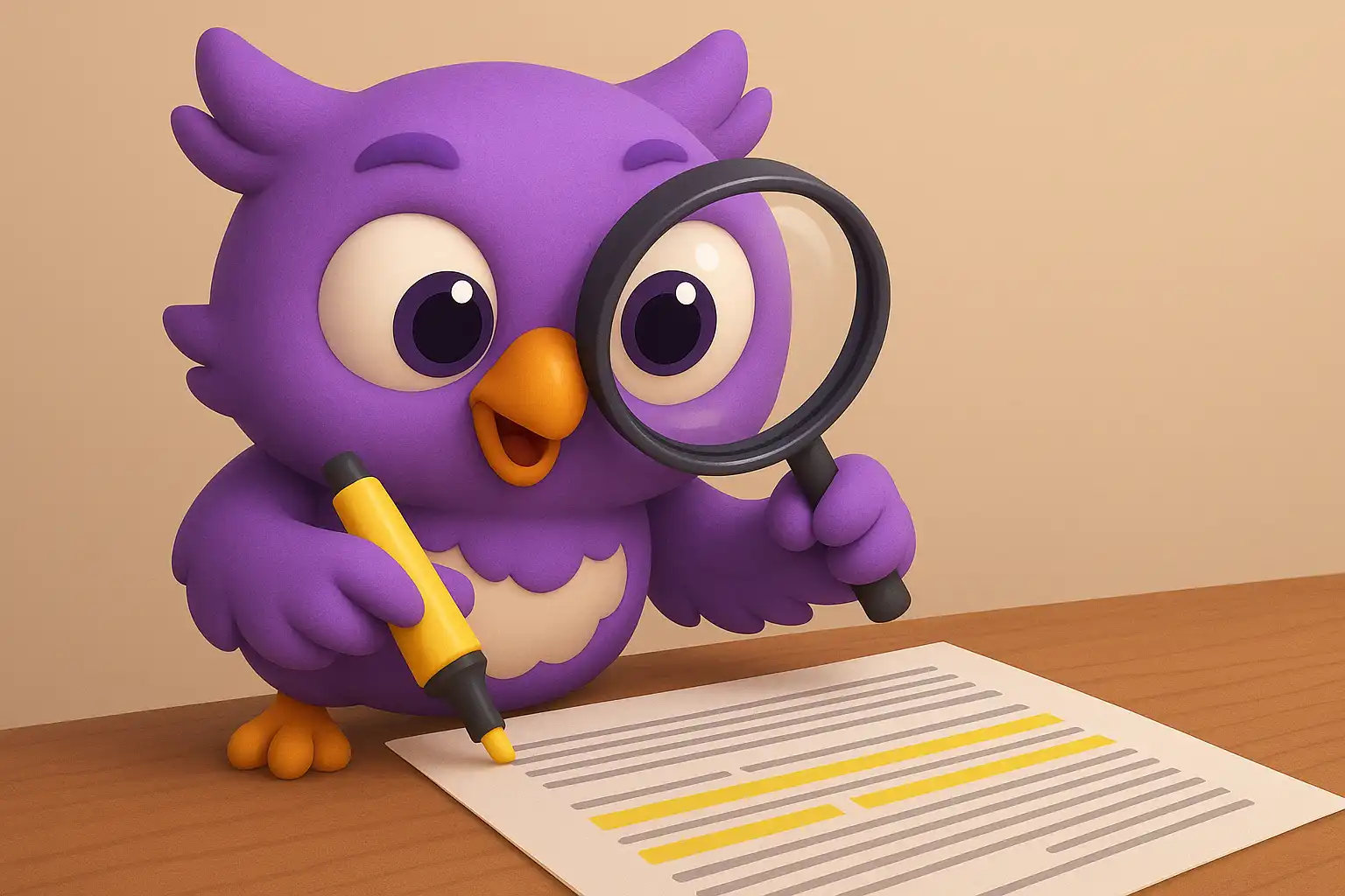 CleverOwl analyzing student notes and textbooks with highlighted key concepts and digital annotations