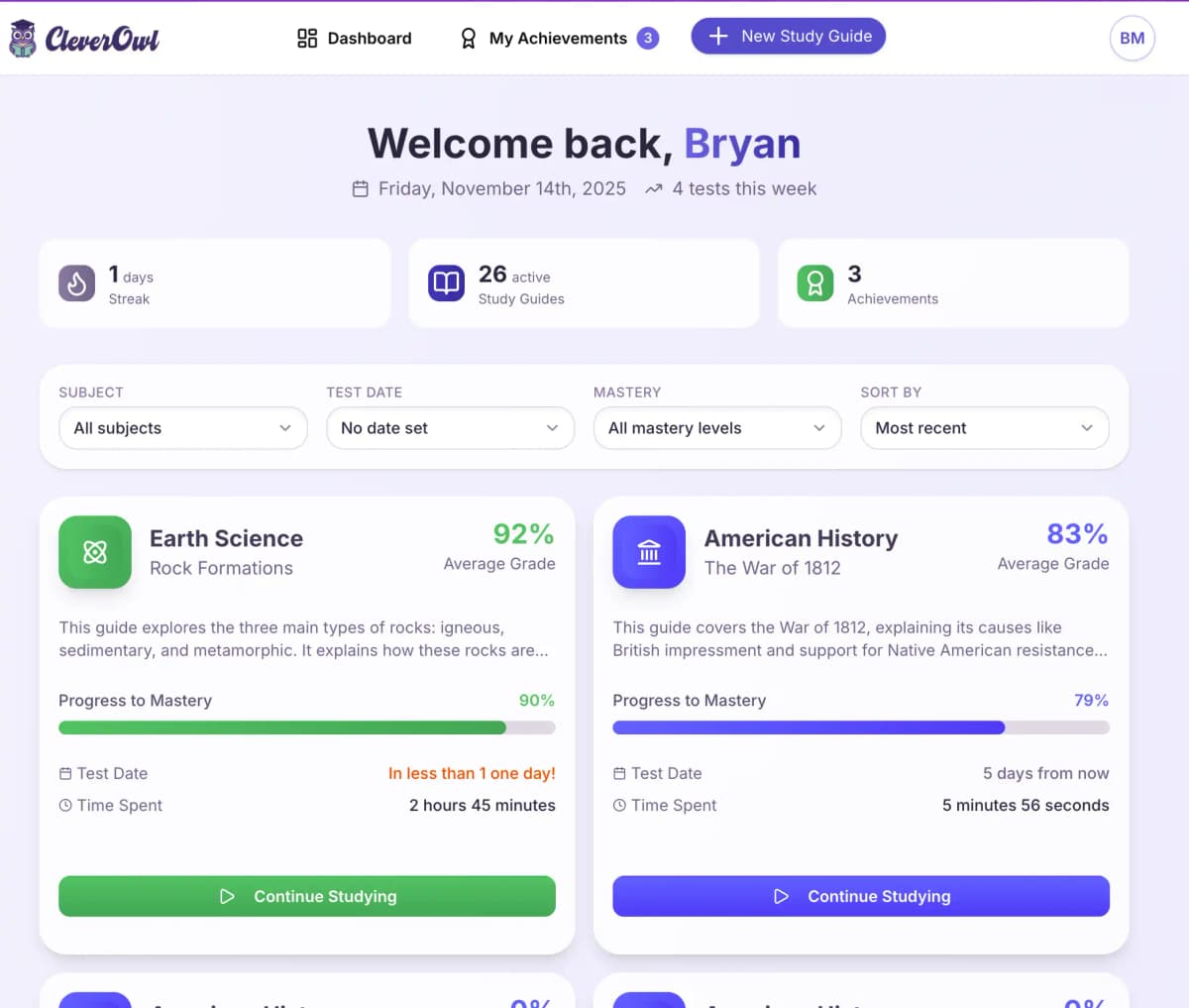 interactive study dashboard showing quizzes, flashcards, and progress tracking for middle school students