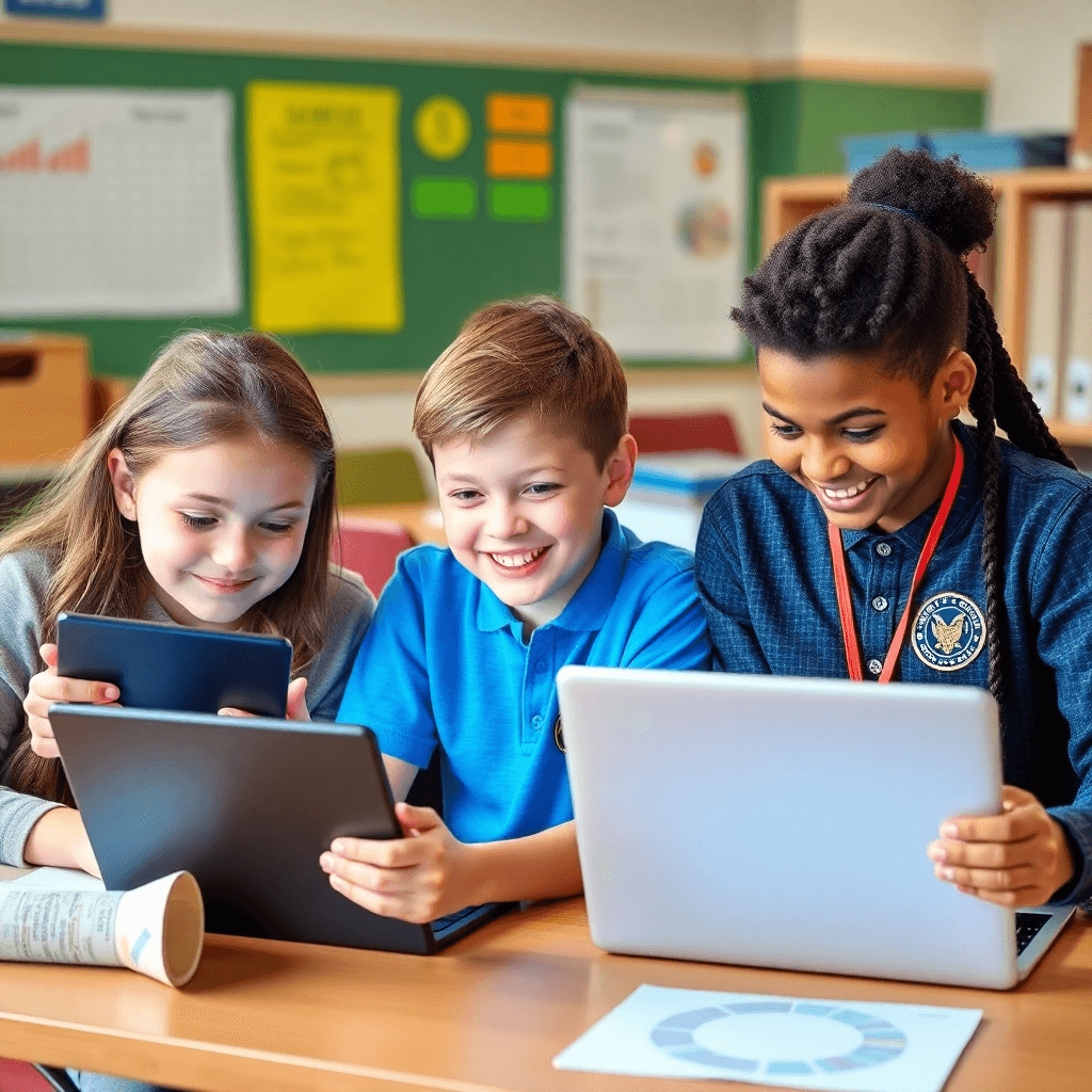 happy middle school students using tablets and laptops for studying with progress charts and achievement badges